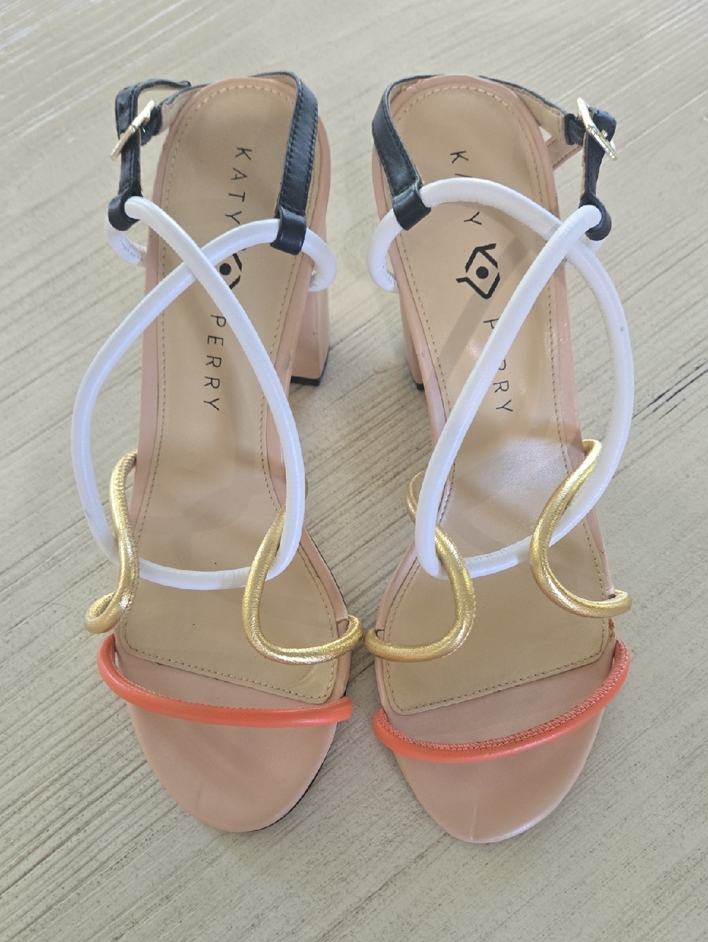 Katy Perry Collections White, Gold & Coral Strappy Block Heel Sandals